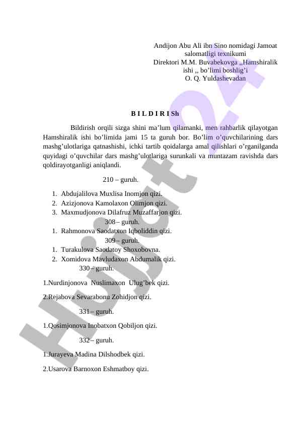 Dars mashg'ulotlariga qatnashuvchilarning hisoboti