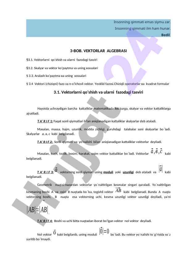 Vektorlar algebra siymalari va xossalari