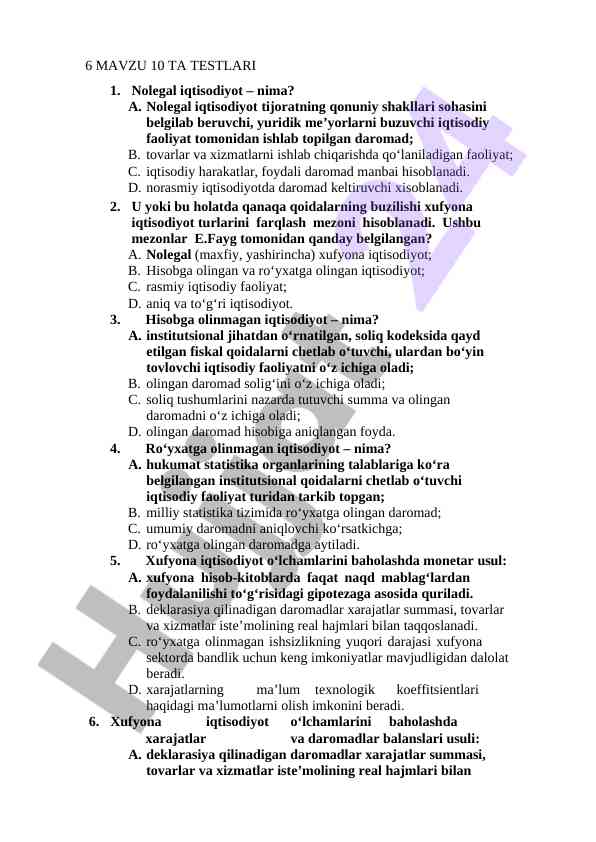 Nolegal iqtisodiyot haqida testlar