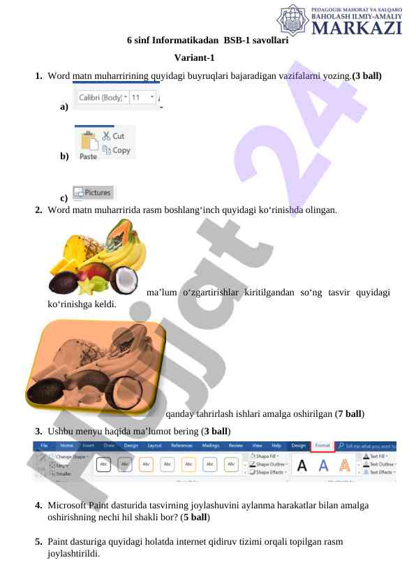 Informatika 6 sinf bsb-1 savollari yozilishi