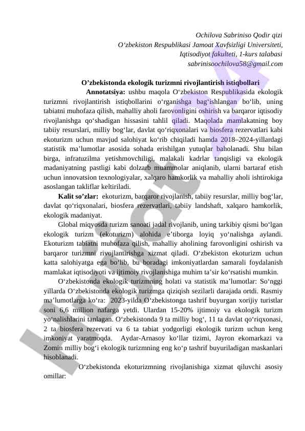 Ekologik turizmni rivojlantirish o‘zbekistonda