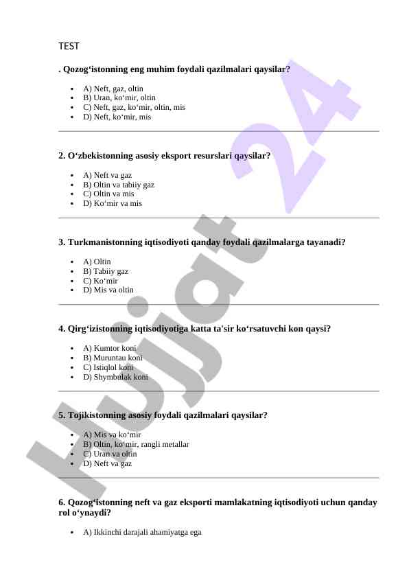 Qozog‘iston va o‘zbekiston foydali qazilmalari test