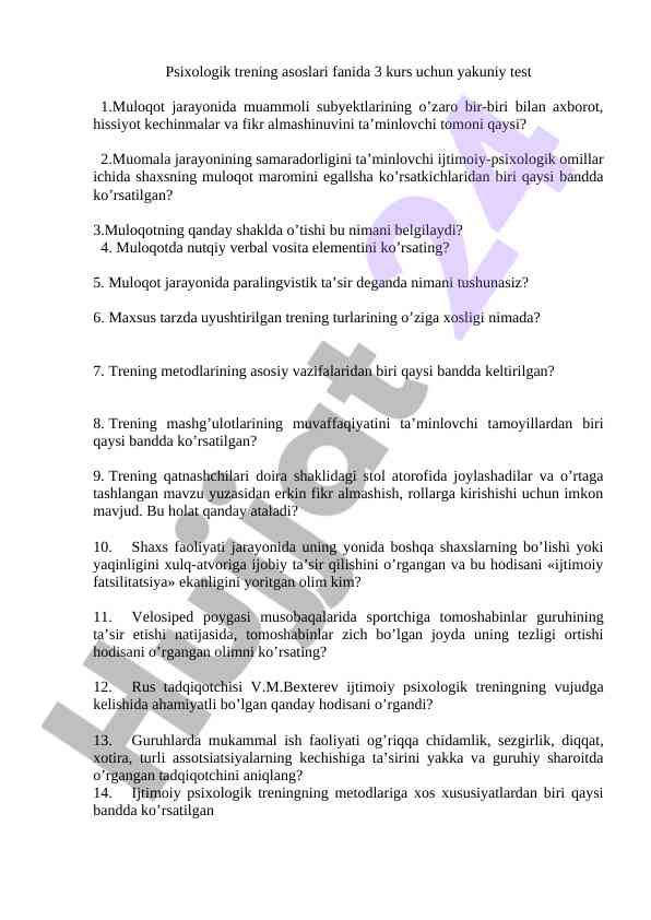 Psixologik trening asoslari 3 kurs yakuniy test