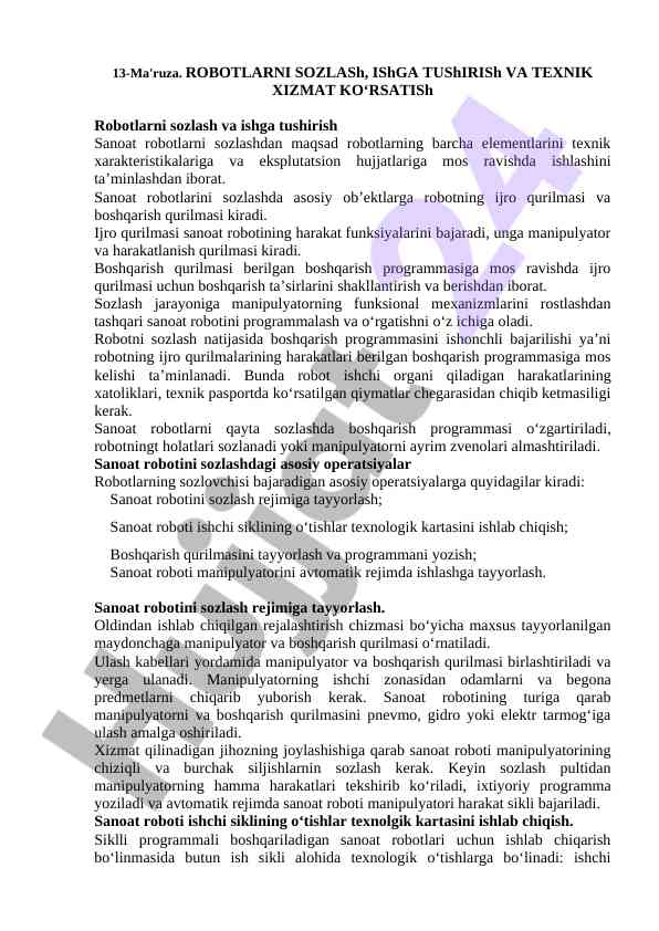 Robotlarni sozlash va ishga tushirish texnikasi