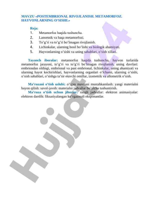 Postembrional rivojlanish va metamorfoz haqida ma'ruza