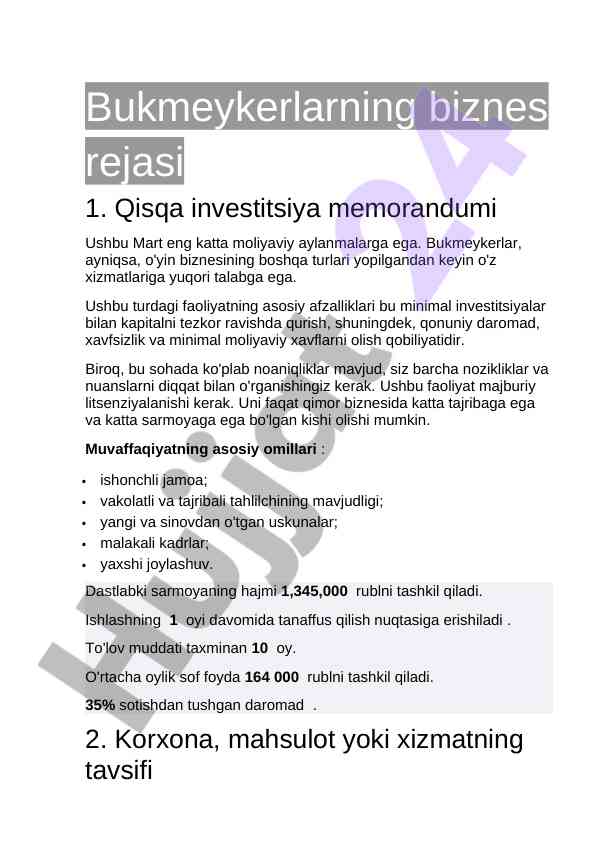 Bukmeykerlar biznes rejasi va investitsiya memorandumi