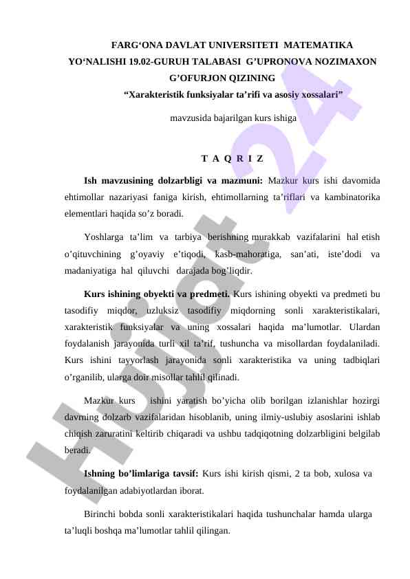 Xarakteristik funksiyalar ta’rifi va asosiy xossalari