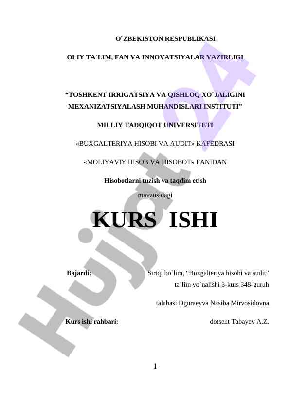 Moliyaviy hisob va hisobot mavzusidagi kurs ishlari