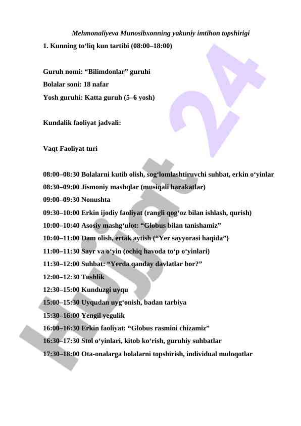 Kundalik faoliyat jadvali va tarbiyaviy ishlanma