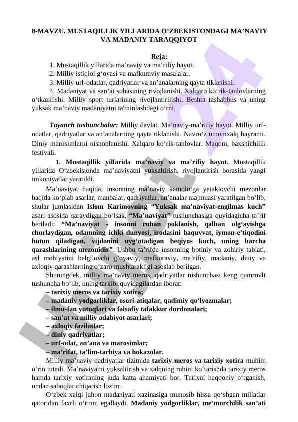 Mustaqillik yillarida o‘zbekistondagi ma’naviy taraqqiyot