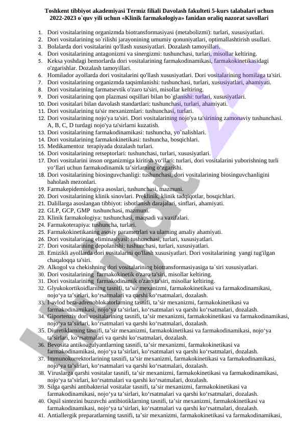 Klinik farmakologiya fanidan oraliq nazorat savollari