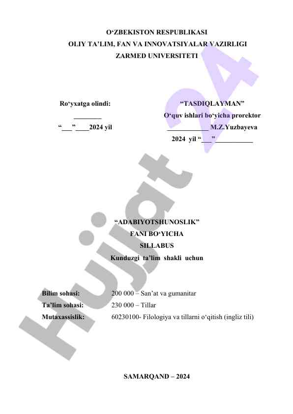 Adabiyotshunoslik fanidan sillabus 2024-2025