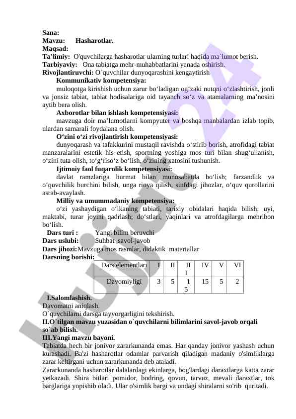 Hasharotlar haqida ma'lumot berish darsi