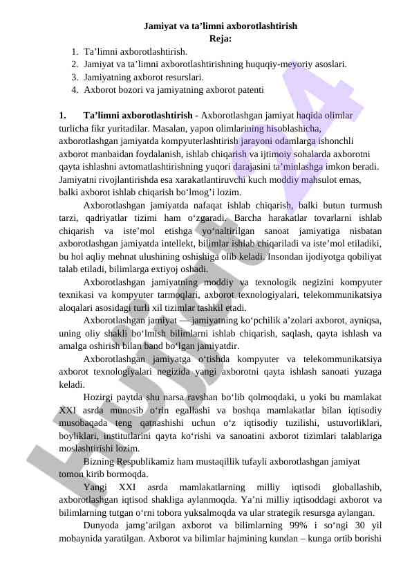 Jamiyat va ta’limni axborotlashtirishning asoslari