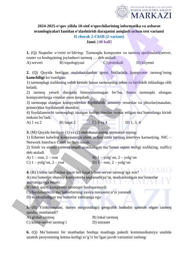 Informatika va axborot texnologiyalari test varianti
