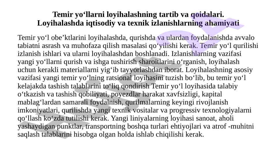 Temir yo‘llarni loyihalash toshqinlari va qoidalari