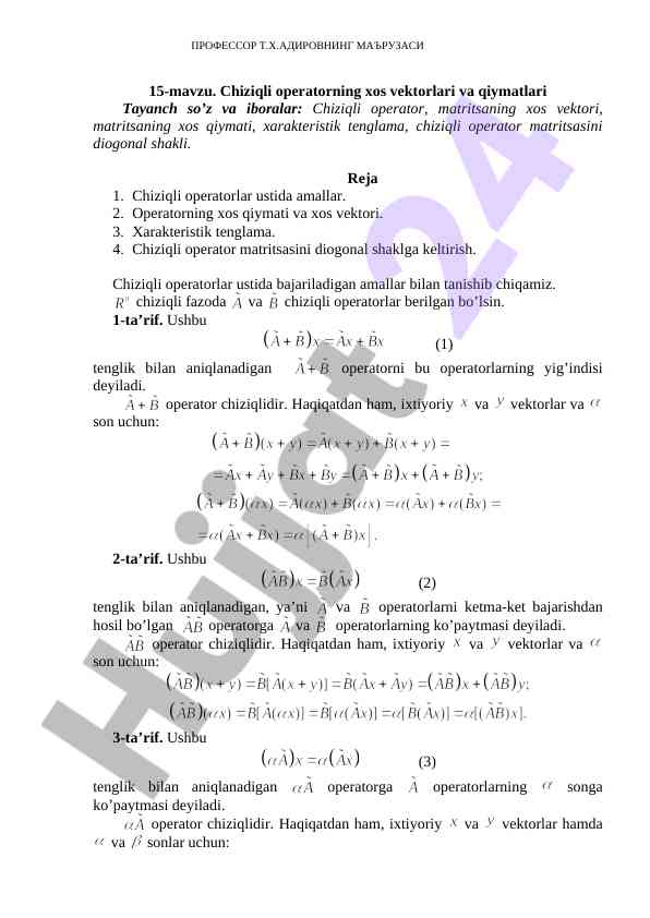 Chiziqli Operatorning Xos Vektorlari Va Qiymatlari