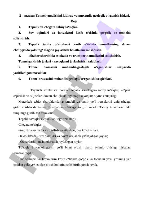 Tonnel yunalishini kidiruv va muhandis-geologik o‘rganish