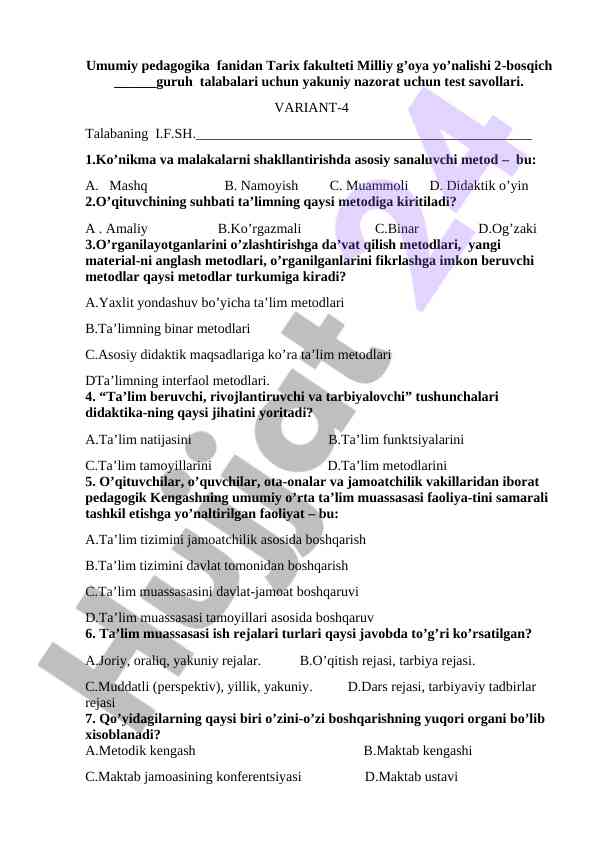 Umumiy pedagogika fanidan test savollari