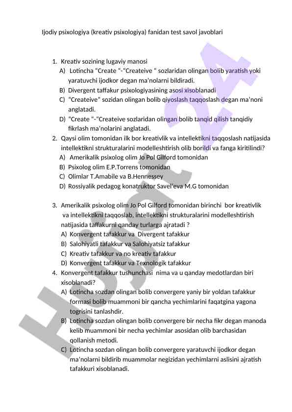 Ijodiy psixologiya fanidan test savollari