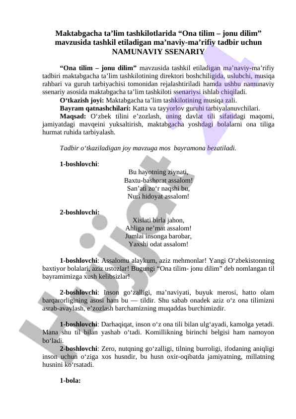 Ona tilim – jonu dilim mavzusida tadbir ssenariysi