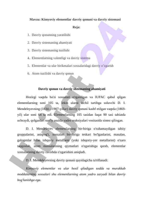 Kimyoviy elementlar davriy qonuni va davriy sistemasi 