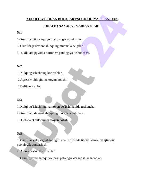 Xulqi ogʼishgan bolalar psixologiyasi nazorat variantilari