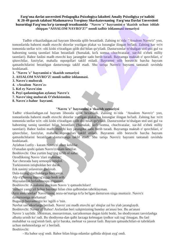 Navro'z bayrami o'tkazish uchun tadbir ishlanmasi
