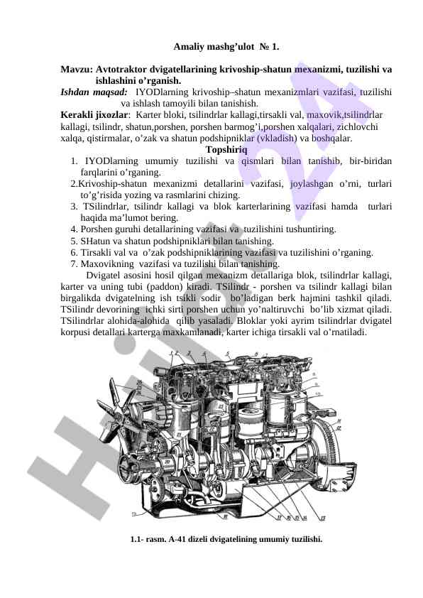 Avtotraktor dvigatellarining krivoship-shatun mexanizmi