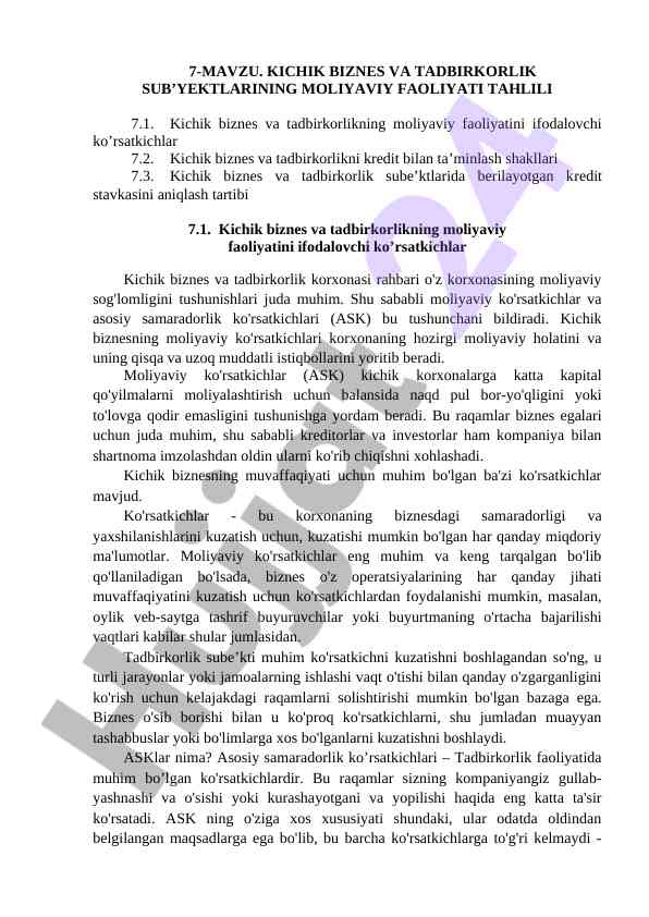 Kichik biznes va tadbirkorlik moliya tahlili