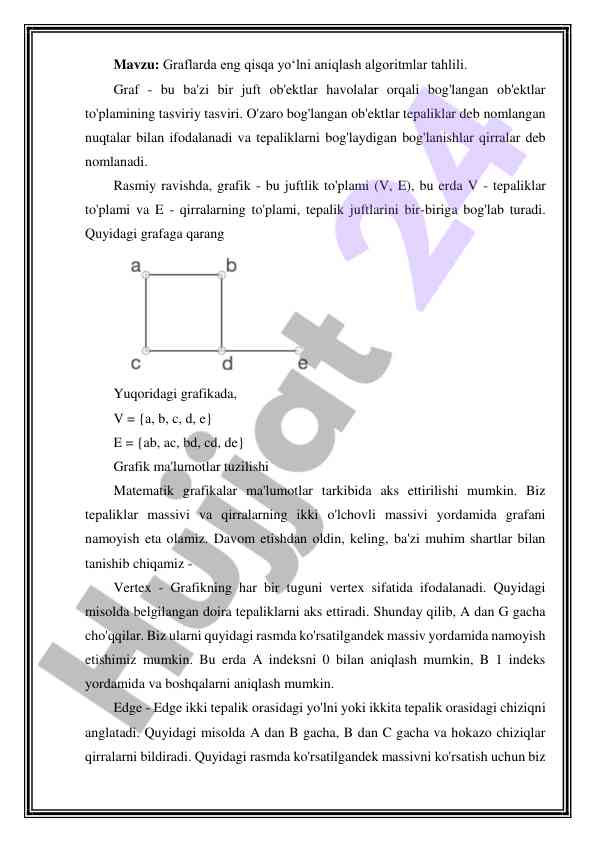 Graflarda eng qisqa yo‘lni aniqlash algoritmlari