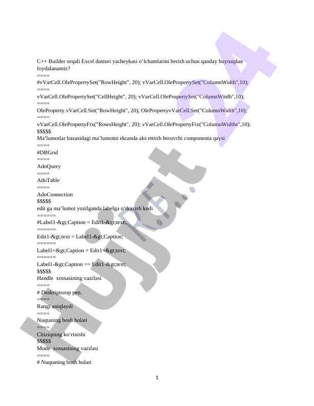 C++ builder dasturida excel yacheykasini o'lchash