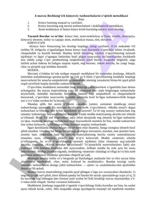 Boshlang’ich kimyoviy tushunchalarni o’qitish metodikasi