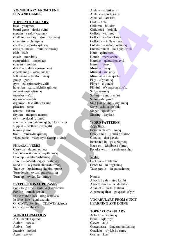 Vocabulary from 3 unit fun and games topic