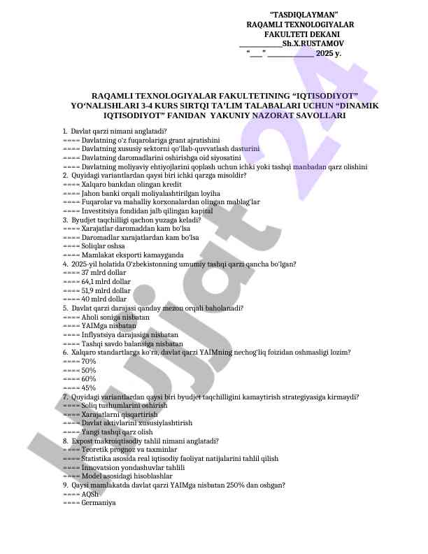 Dinamik iqtisodiyot fanidan yakuniy nazorat savollari