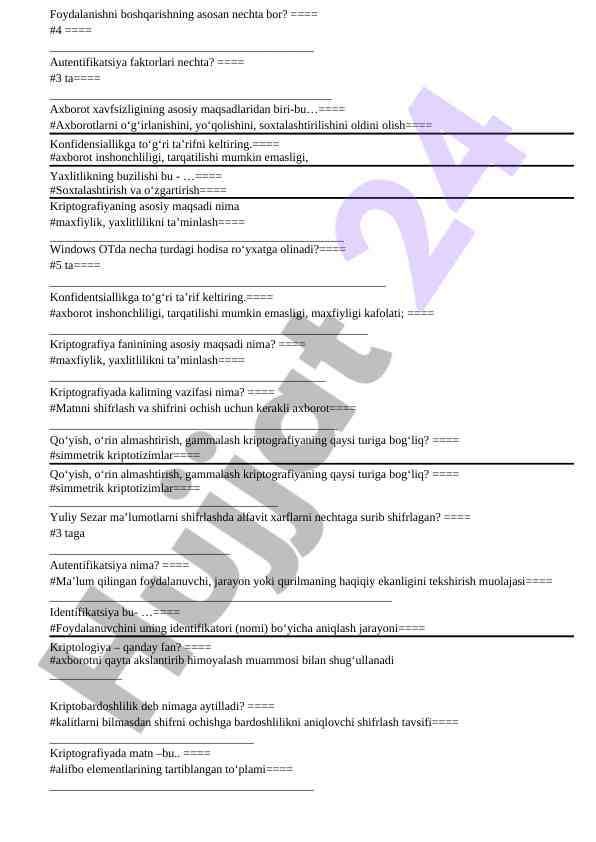 Axborot xavfsizligi asoslari bo‘yicha savollar