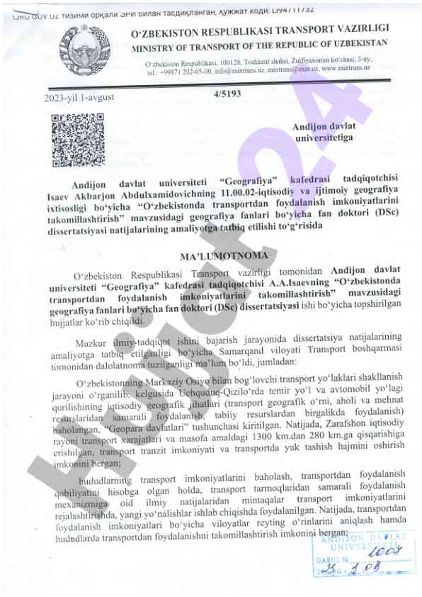 O'zbekistonda transportdan foydalanish imkoniyatlarini takomillashtirish