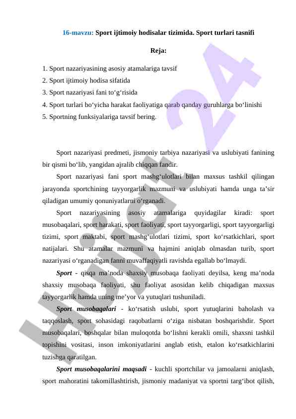 Sport ijtimoiy hodisalar tizimida sport turlari