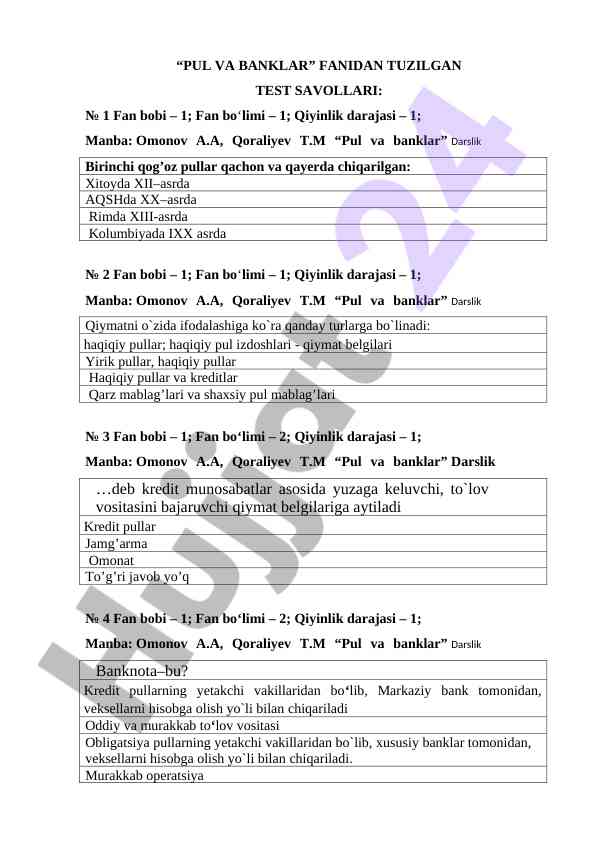 Pul va banklar fanidan tuzilgan test savollari