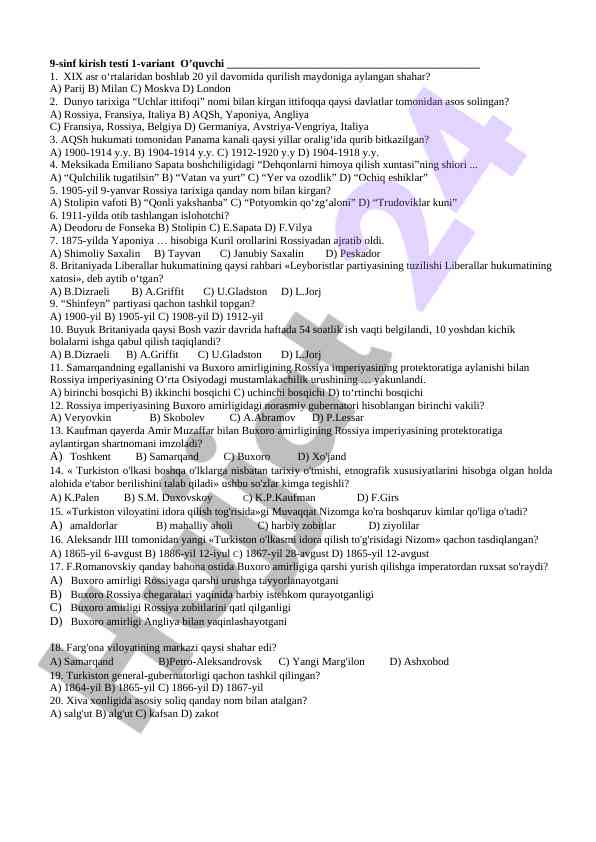 9-sinf kirish testi variant 1