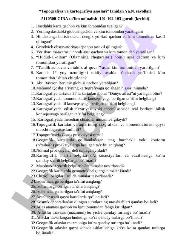 Topografiya va kartografiya asoslari savollari
