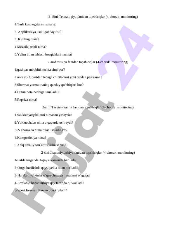 2-sinf fanidan topshiriqlar 4-chorak monitoring