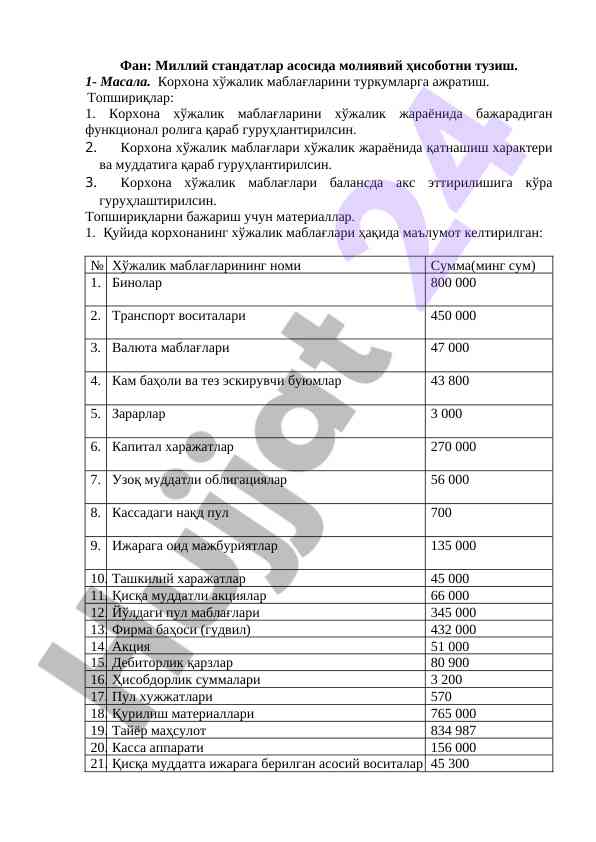 Moliyaviy hisobotni tuzish bo'yicha vazifalar