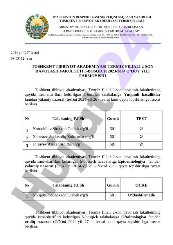 Yakuniy nazorat testi 5-bosqich talabalari uchun