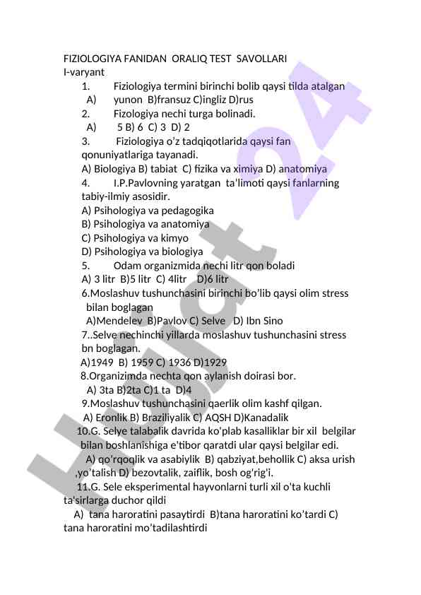 Fiziologiya fanidan oraliq test savollari i-varyant