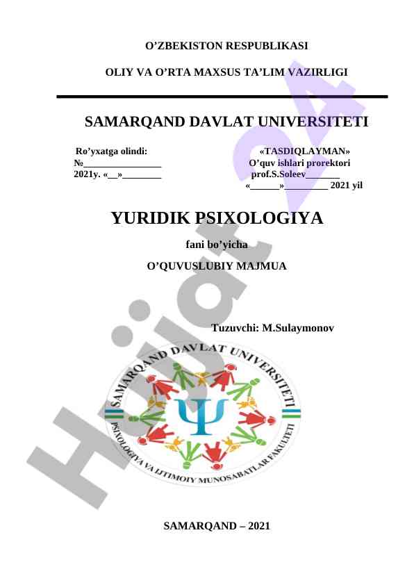 Yuridik psixologiya o’quv uslubiy majmua