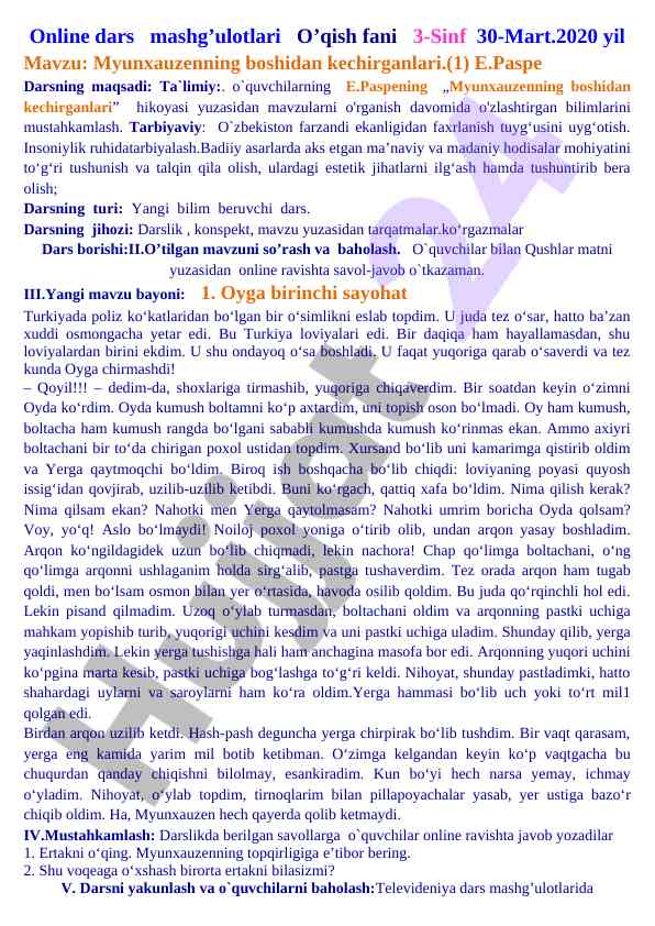 Myunxauzenning boshidan kechirganlari dars mashg’uloti