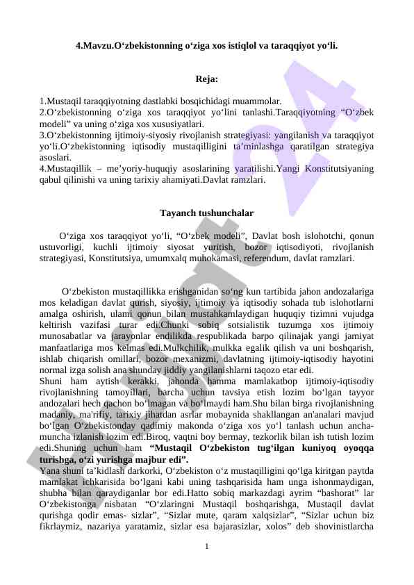 O‘zbekiston istiqlol va taraqqiyot yo‘li mukammal reja