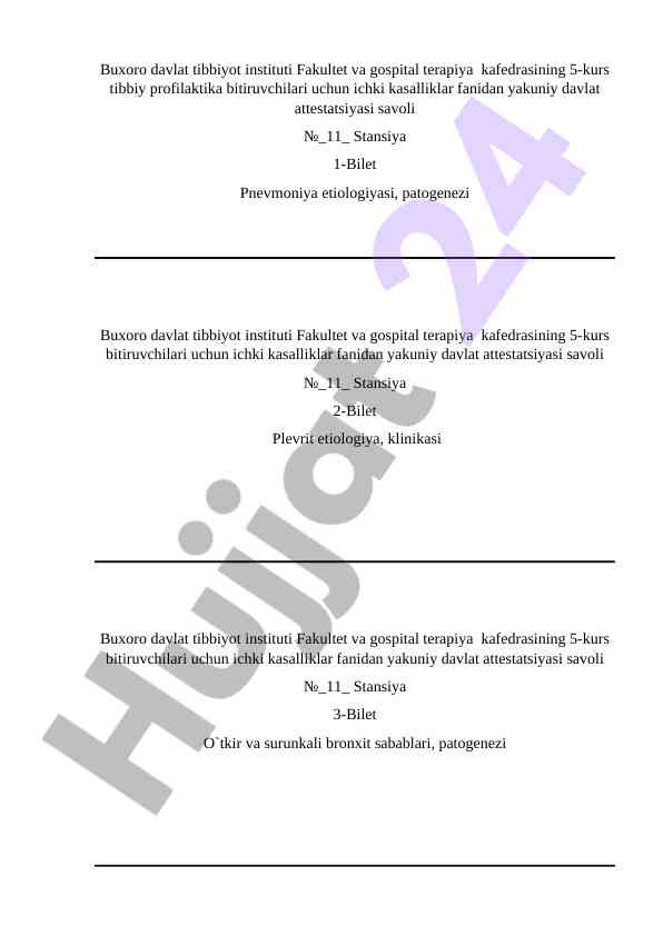 Ichki kasalliklar fanidan davlat attestatsiyasi savollari
