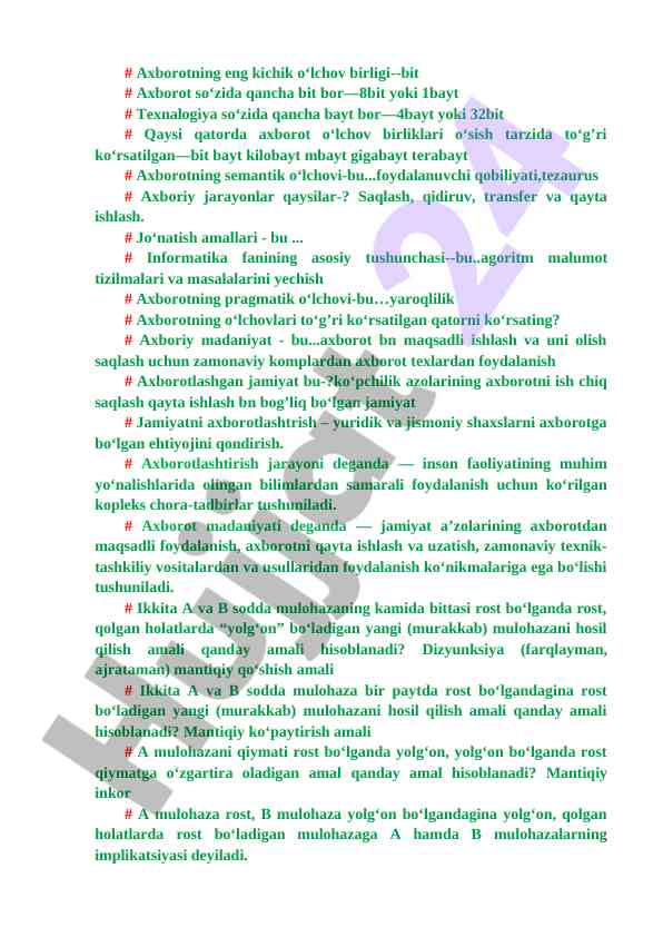 Axborotning o‘lchov birliklari va ularning tushunchalari
